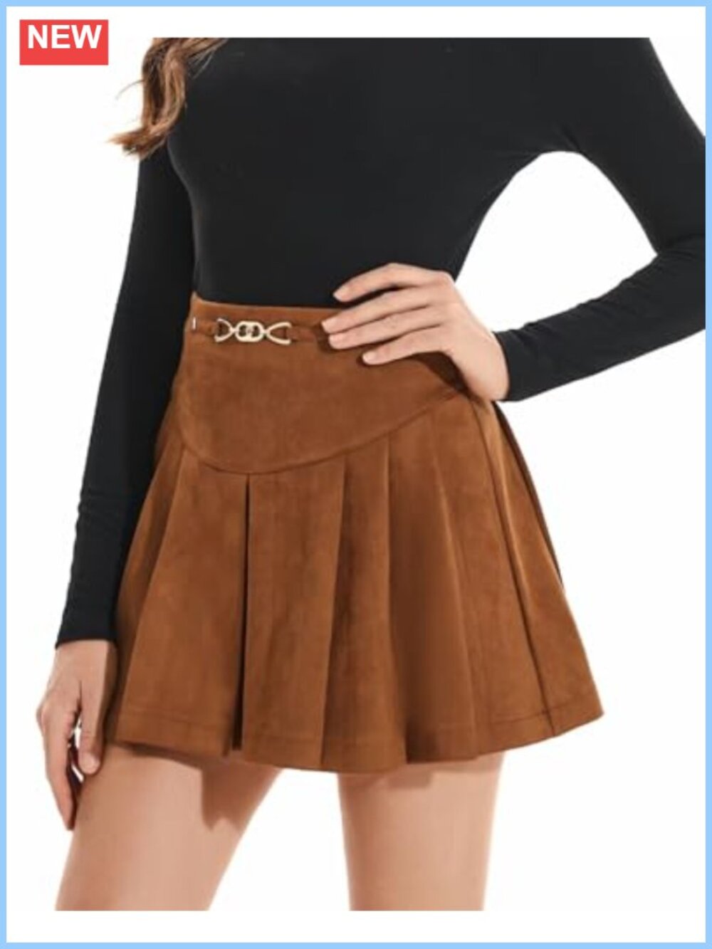 Faux Suede Mini Skater Skirt High Waist Flared Pleated Chain Detail